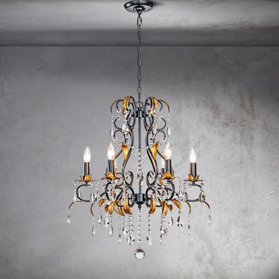 CraftHome Mid-Century French 6-Light Crystal Chandelier in Matte Black and Antique Gold Finish For Versatile Interiors