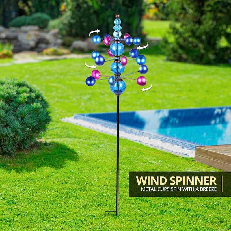 Exhart Three Tier Wind Spinner Garden Stake with Glass Crackle Balls, 14 by 48 Inches