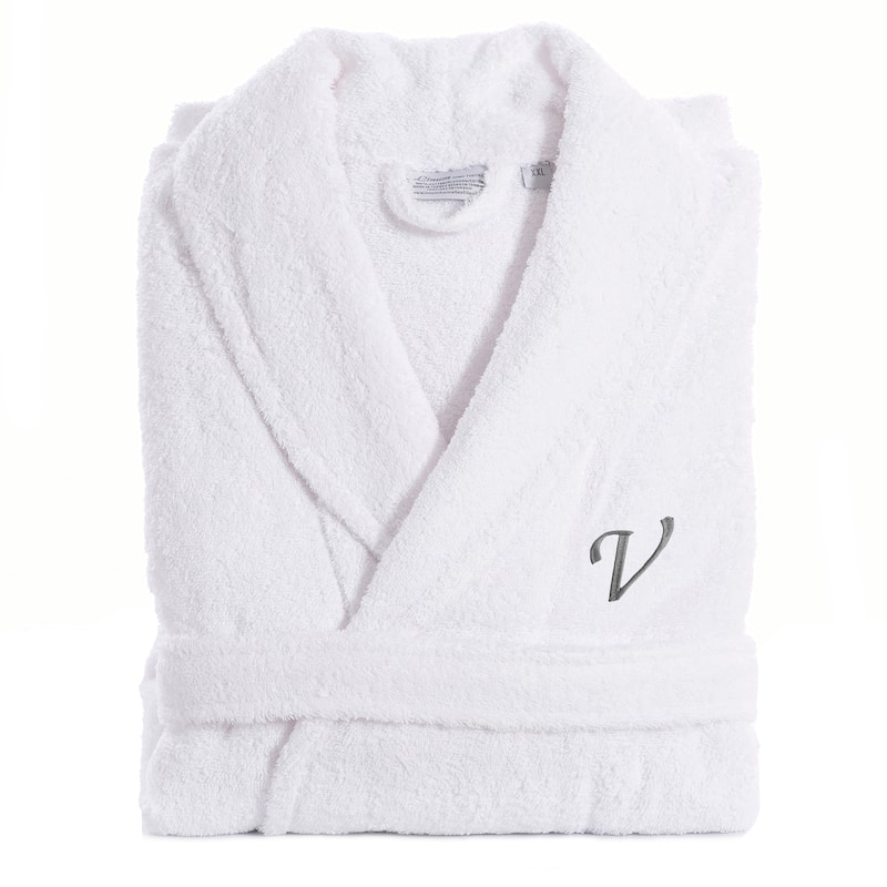 Authentic Hotel and Spa Unisex Turkish Cotton Terry Bath Robe with single letter Grey Monogram - Small/Medium - V
