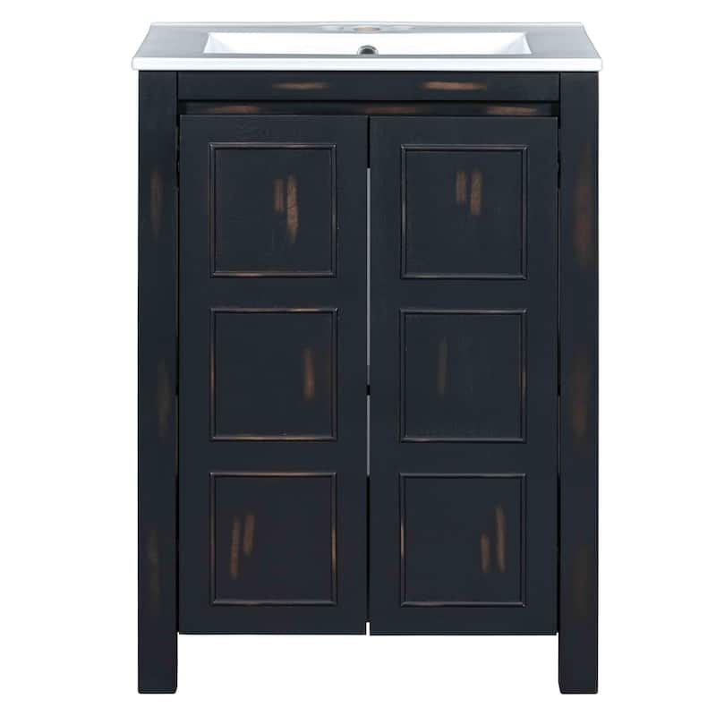 Freestanding Bathroom Vanity Set of 2, Weathered Texture Storage Cabinets with Ceramic Sinks, Storage Shelf and Soft Close Doors