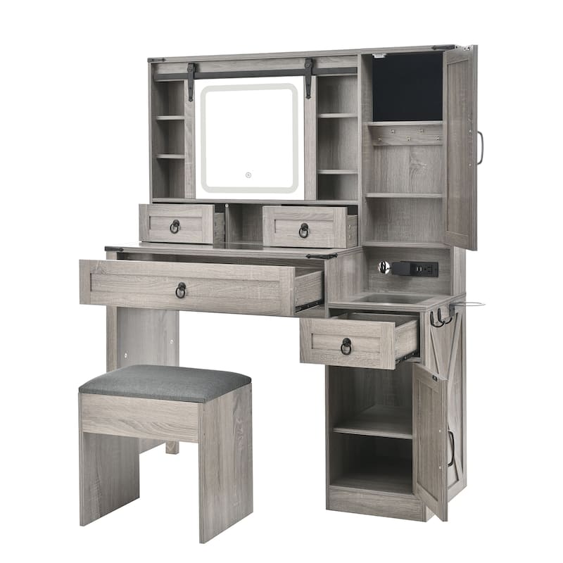 Farmhouse Vanity Desk with Sliding Mirror and Lights