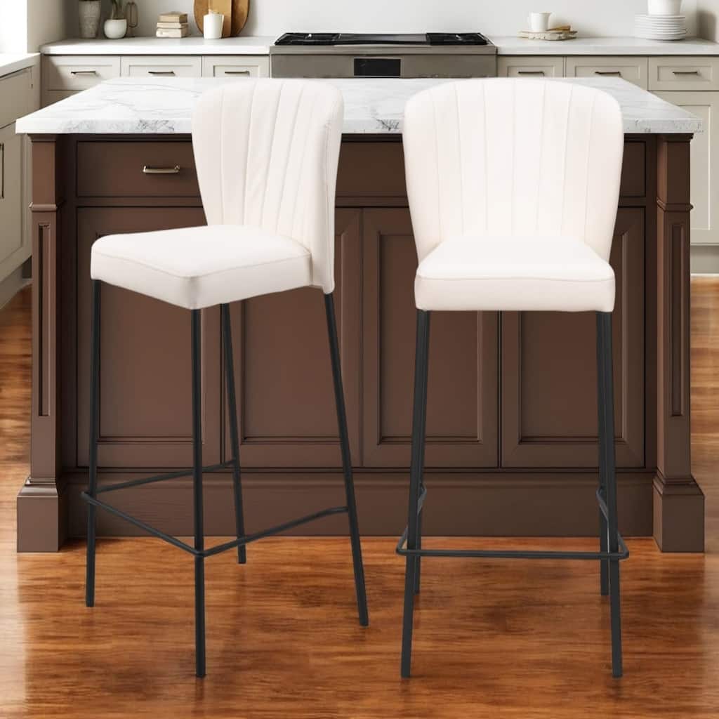 Cream and Black 26-Inch Bar Stools Set of 2 with Faux Leather Full Back Counter Chairs with Footrest - 35”H x 18.9”W x 19.7”D