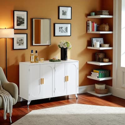 47" White Buffet Storage Cabinet with 4 Doors, Soft-Close Hinges, and Adjustable Shelves for Kitchen or Office