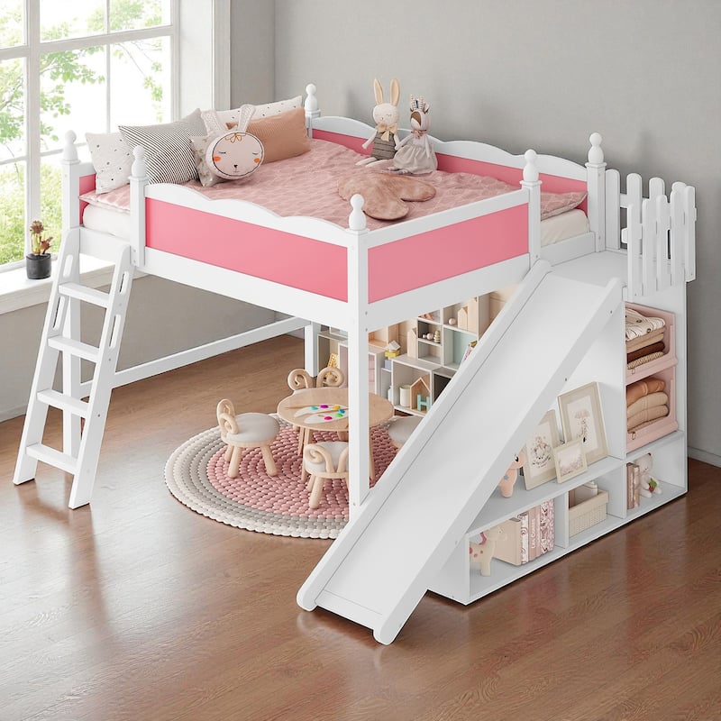 Full/Queen Loft Bed with Storage Shelves, Cabinet & Detachable Slide, Solid Wood Loft Bed with Ladders, No Box Spring