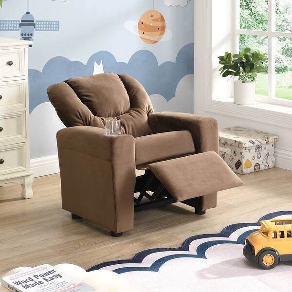 slide 2 of 2, Kids Recliner Chair, Upholstered Couch With One Cup Holder, Footrest, Backrest - 17.7”L x 21.3”W x 25.6”H Brown