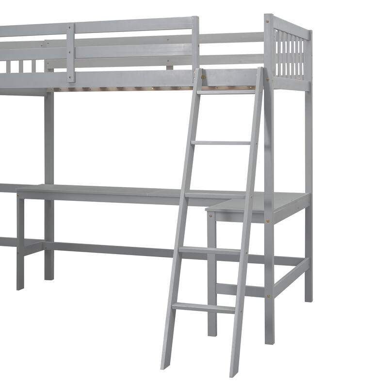 Wood Twin L-Shaped Loft Bed with 2 Desks and Ladder, No Box Spring Needed, Perfect for Study or Play Area