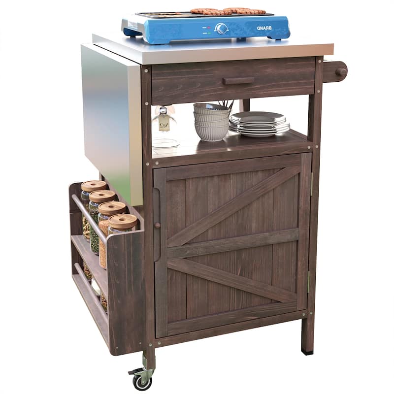 40.5" Outdoor Grill Cart with Stainless Steel Top, Storage Cart with Drop Leaf, Rolling Kitchen Cart with Lockable Wheels