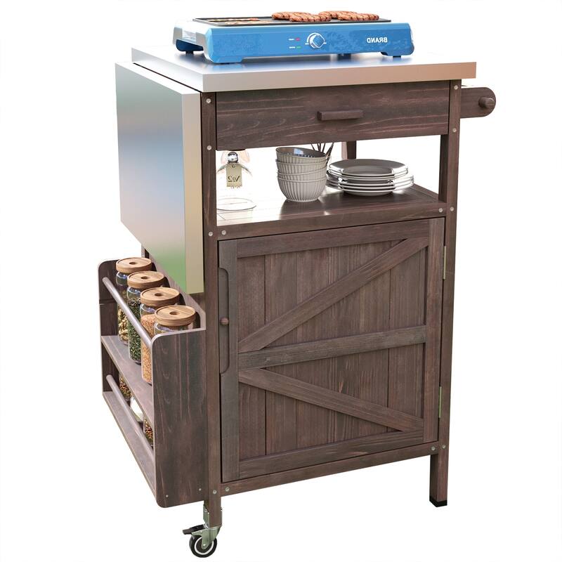 40.5" Outdoor Grill Cart with Top, Storage Cabinet with Drop Leaf, One Drawer, Towel Rack, Kitchen Cart with Lockable Wheels