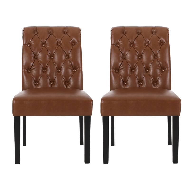 Set of 2 Dining Chairs, Tufted Accent Chairs Kitchen, Light Brown PU Leather Upholstered Dining Room Chair with Wooden Legs