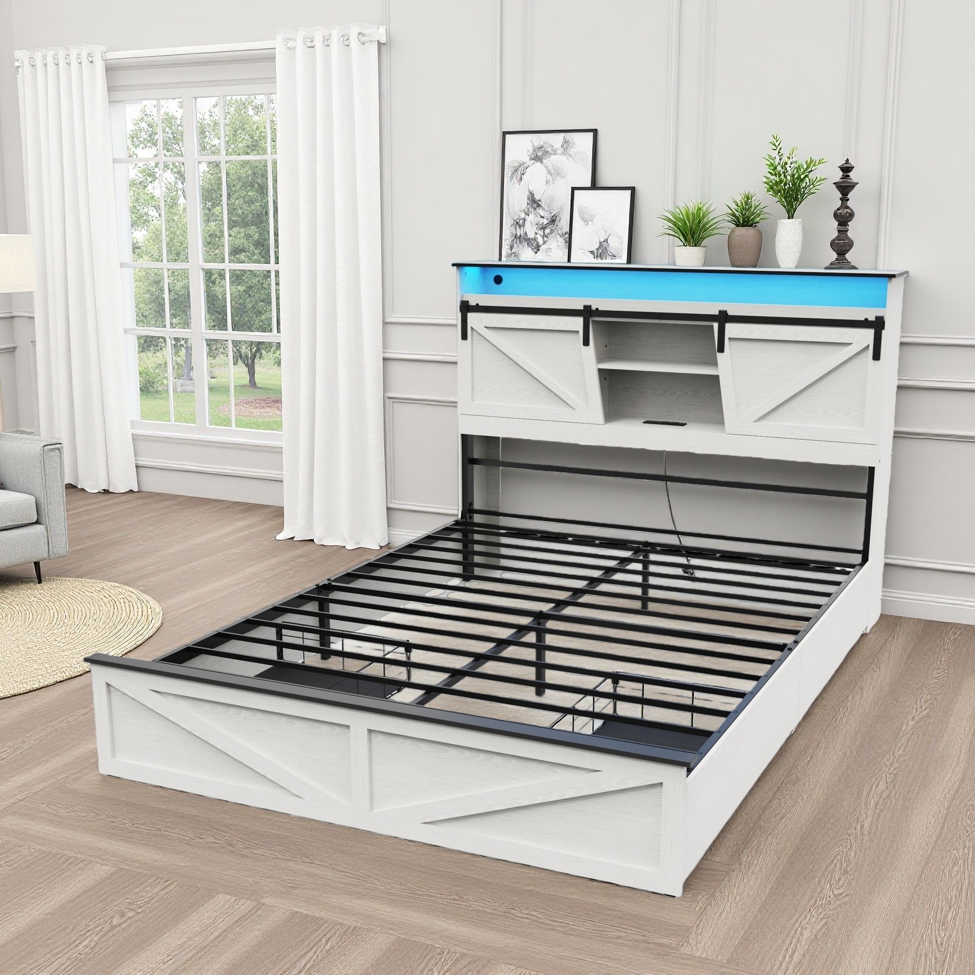 Full Size Farmhouse Bed Frame with Storage Headboard, 2 Drawers, Charging Station & RGB LED Lights, Sturdy Wooden Slats