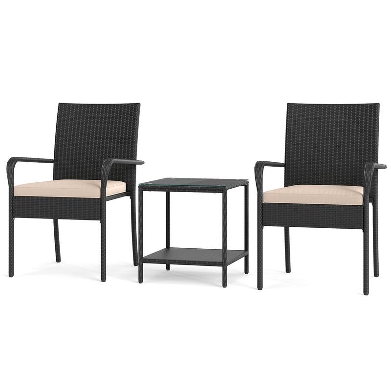 3 Piece Black PE Rattan Patio Set with Metal Frame, Cushions and Glass Table - Chair: 23" x 22.5" x 35" - Beige