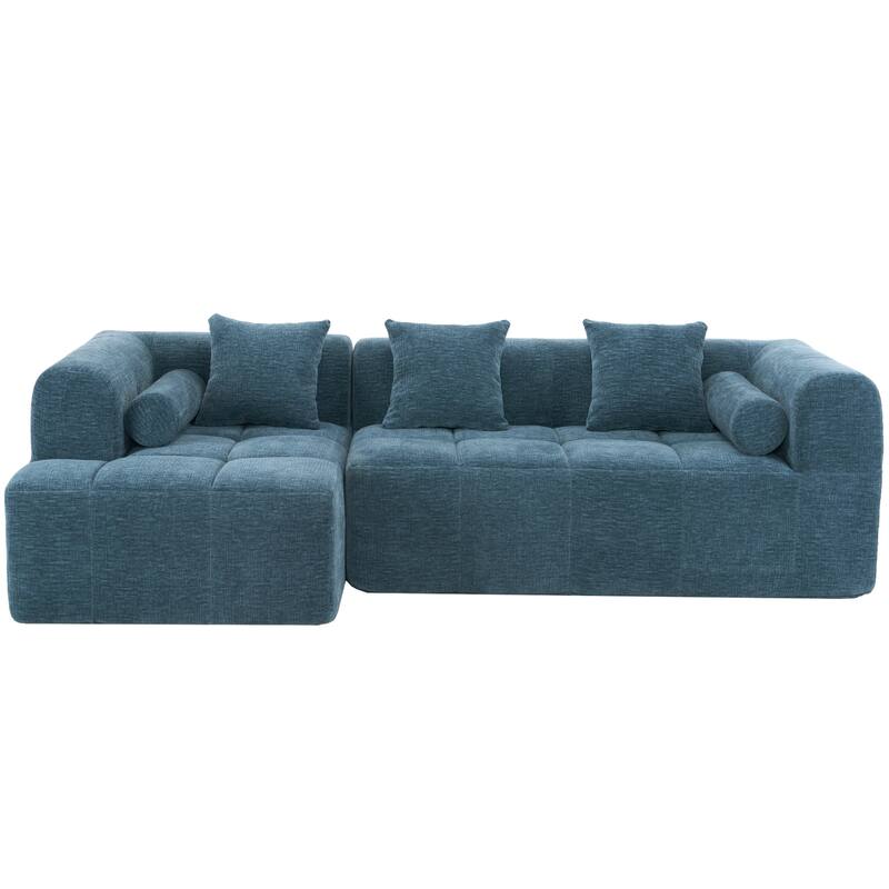 101.2" Blue Chenille Sectional Sofa, Modular, Deep Seating, 2 Side Pockets