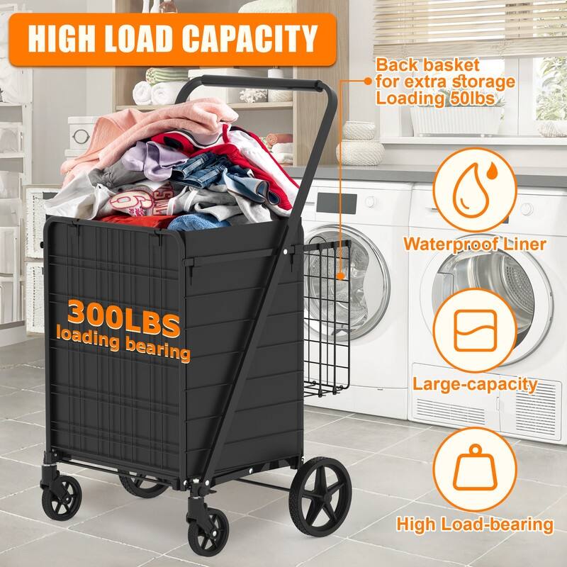 Double Basket Folding Grocery Cart ,Heavy Duty 360° Wheels