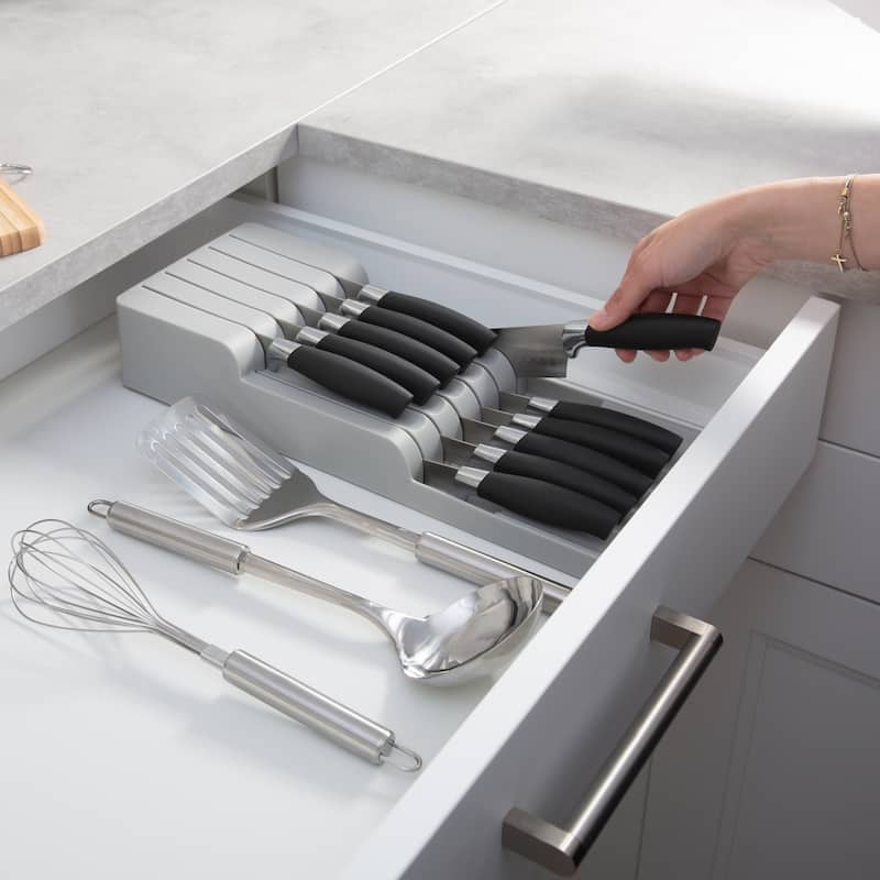 Kitchen Details 2 Tier in Drawer Knife Organizer in Grey - 15.75"x 6.2"x 2.75"