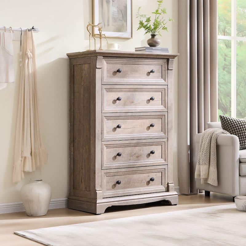 Farmhouse 5 Drawers Dresser, Wood Rustic Chest of Drawers for Bedroom - Light Rustic Oak