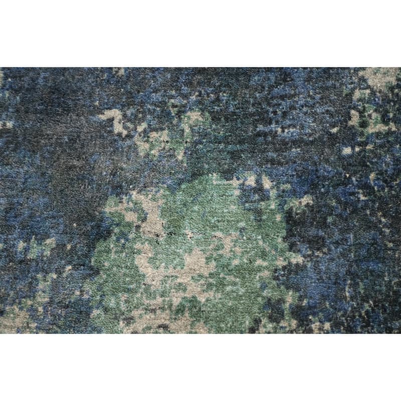 Hand Knotted Oriental Viscose Silk Carpet Modern Abstract Navy Blue & Blues Abstract Area Rug - 6' 8'' X 6' 8''