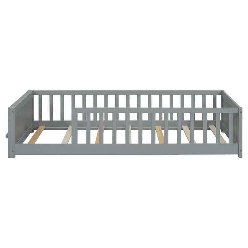 Twin Size Wood Floor Platform Bed with Built-in Book Storage Rack
