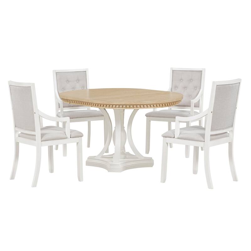 5-Piece Dining Set Extendable Round Dining Table and 4 Upholstered Back Chairs for Kitchen Dining Room