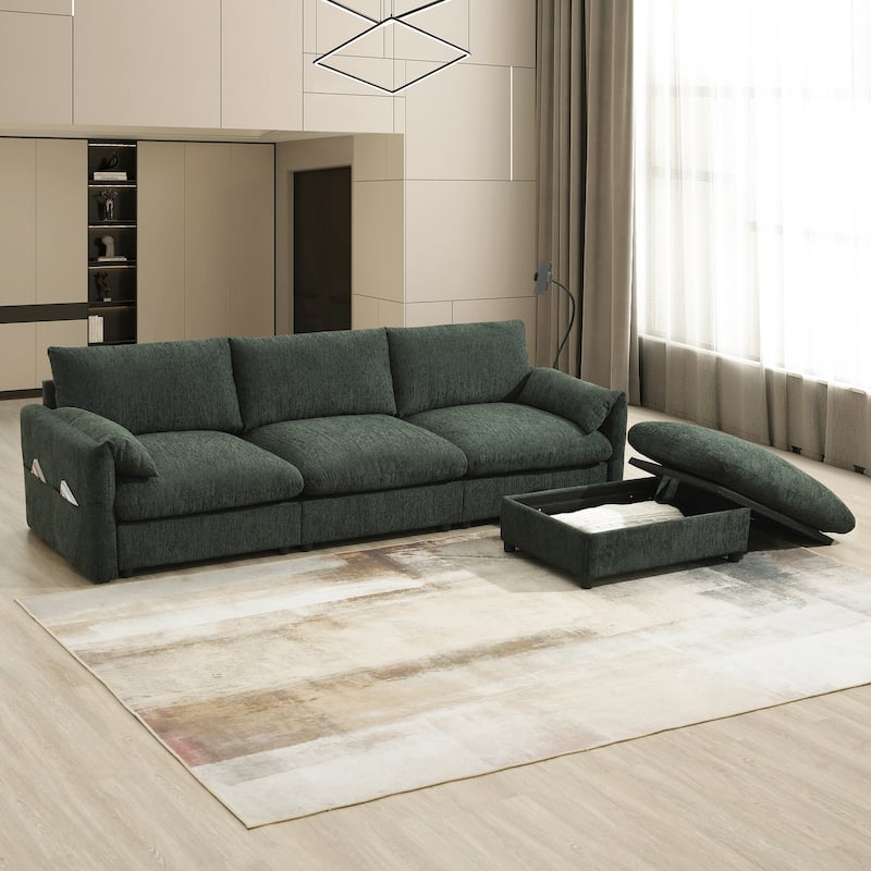 L-Shaped Sectional Chenille Sofa with Storage Ottoman, Phone Holder, USB Charger, Elephant Ear-Shaped Armrests and Pockets - Green