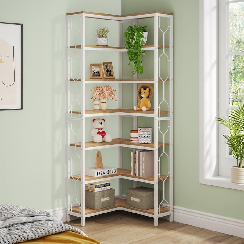 7-Tier Corner Bookshelf, White Corner Shelf Modern Etagere Bookcase