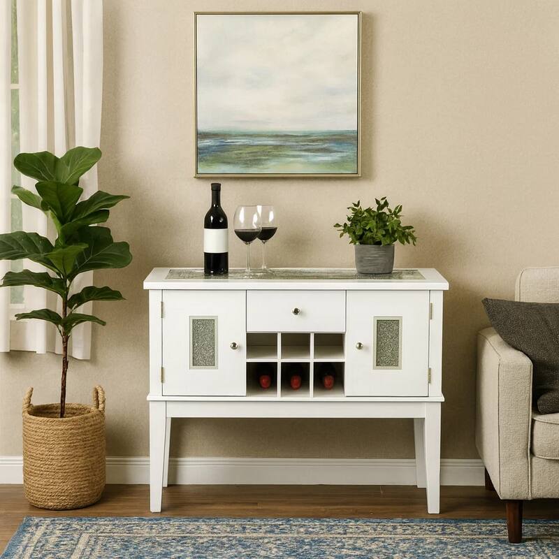Zav 48 Inch Console Sideboard Buffet Bar Wine Cubbies, Faux Diamond Top, White