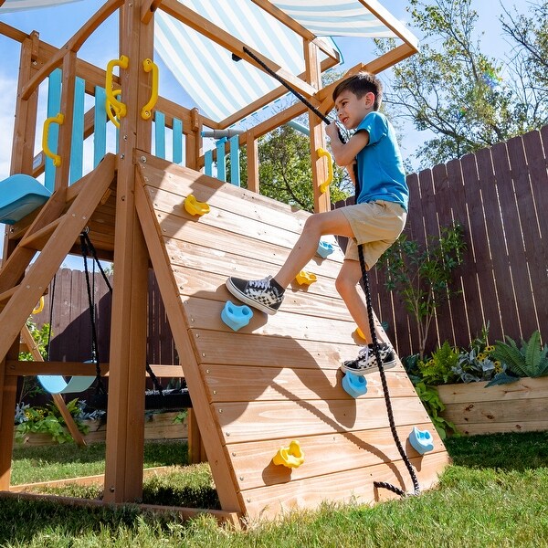 Teamson Kids Wooden Outdoor Swing Set with Slide, Rock Wall