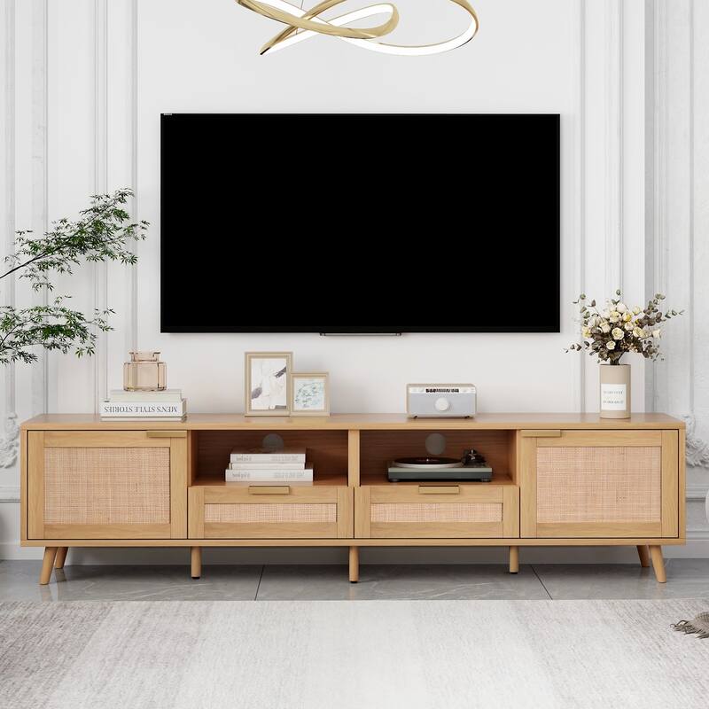 85" TV Stand with Rattan Design, Media Console for Living Room with Storage Cabinets & Open Shelves