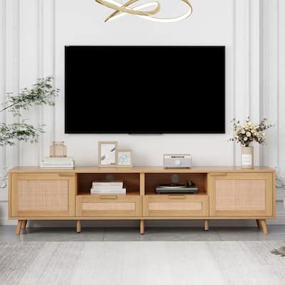 Boho Rattan TV Stand Entertainment Center for TVs up to 85", TV Cabinet Media Console Table for Living Room Home Theatre