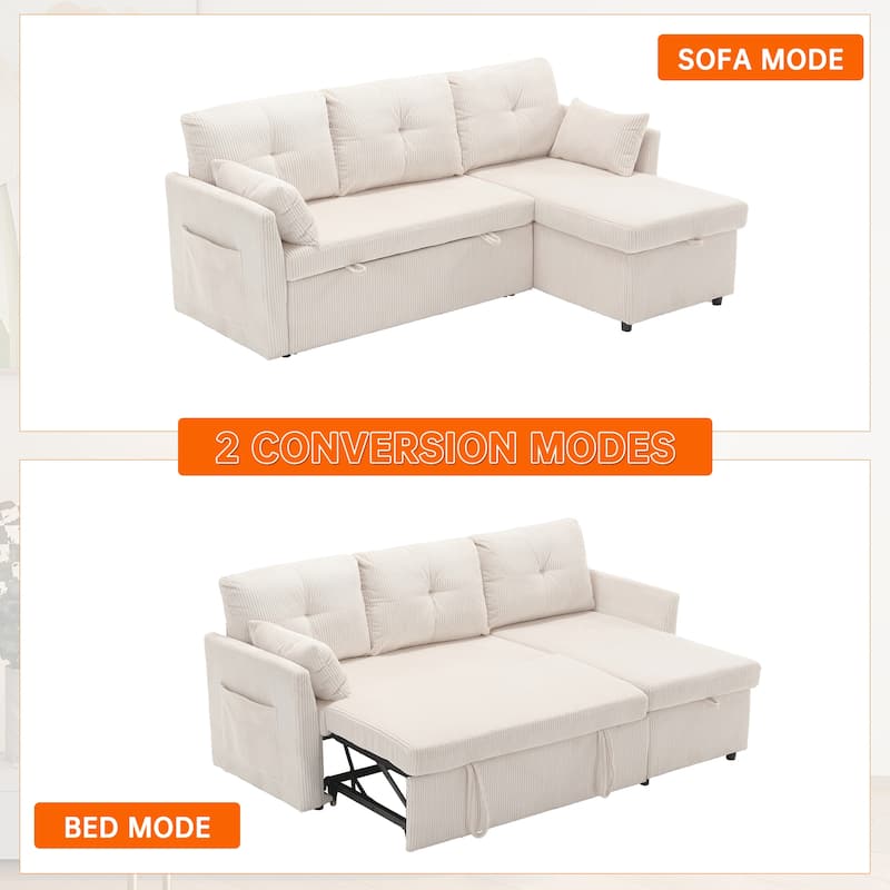 Corduroy/Chenille Upholstered L-Shaped Storage Reversible Chaise Sectional Sofa with Side Pocket