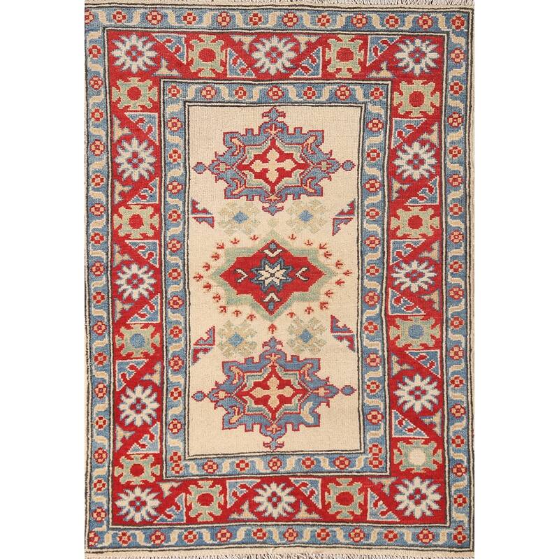 Geometric Grey Kazak Foyer Rug Hand-Knotted Wool Carpet - 2'6" x 3'11"