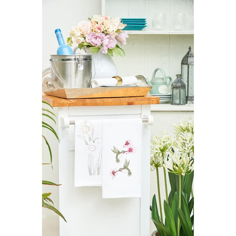 Hummingbird Flower Embroidered Flour Sack Cotton Kitchen Towel