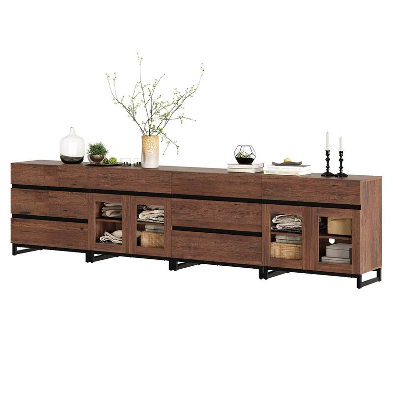 4-in-1 Multifunctional Sideboard Buffet with 8 Drawers & Glass Doors, Modern Credenza with Adjustable Shelf & Metal Base.