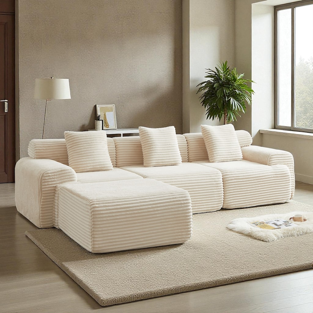 114" Corduroy Modular Sectional Sofa, Boneless Design with 4 Configurable Modules, Wide Backrest & 3 Pillows, No Assembly