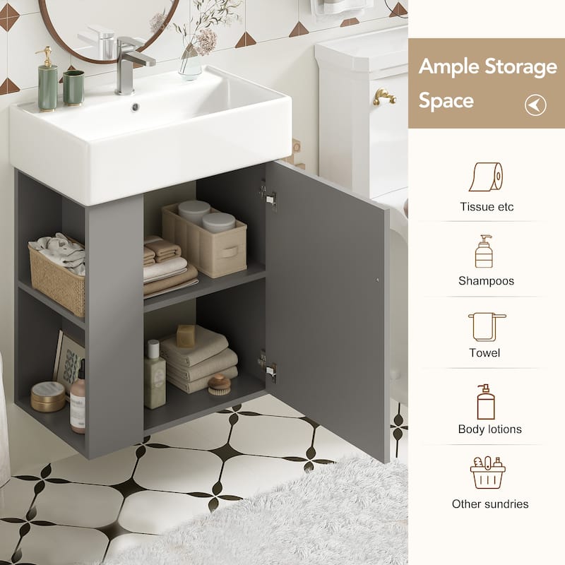 21.6 inch Modern Floating Bathroom Vanity with Ceramic Basin - Perfect for Small Bathrooms, Left side storage