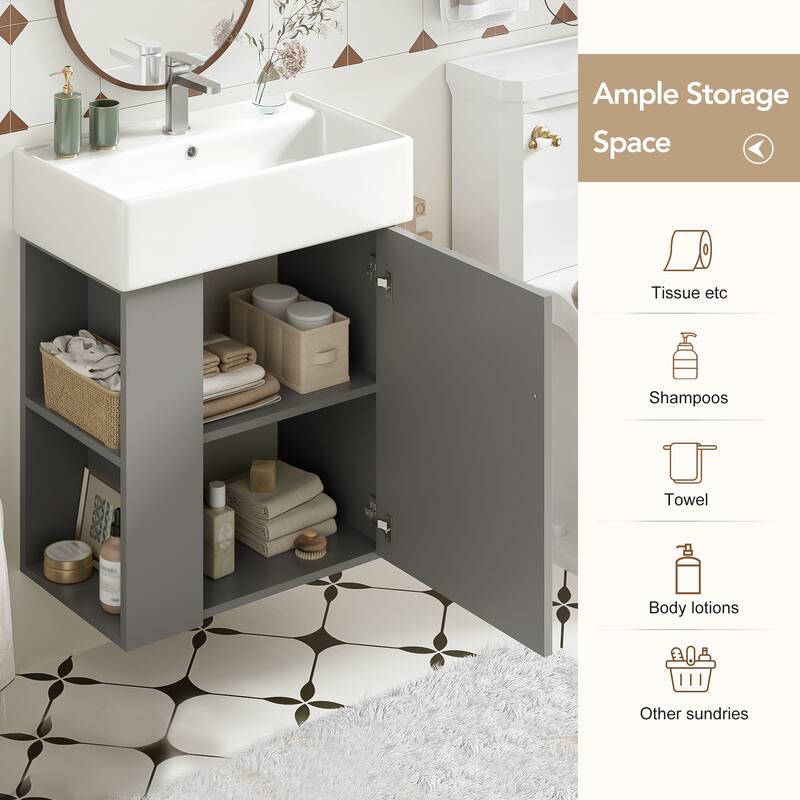 Floating Bathroom Vanity with Sink, Small Wall Mounted Bathroom Vanity, Bathroom Cabinet with Soft Close Door & Left Side Shelf