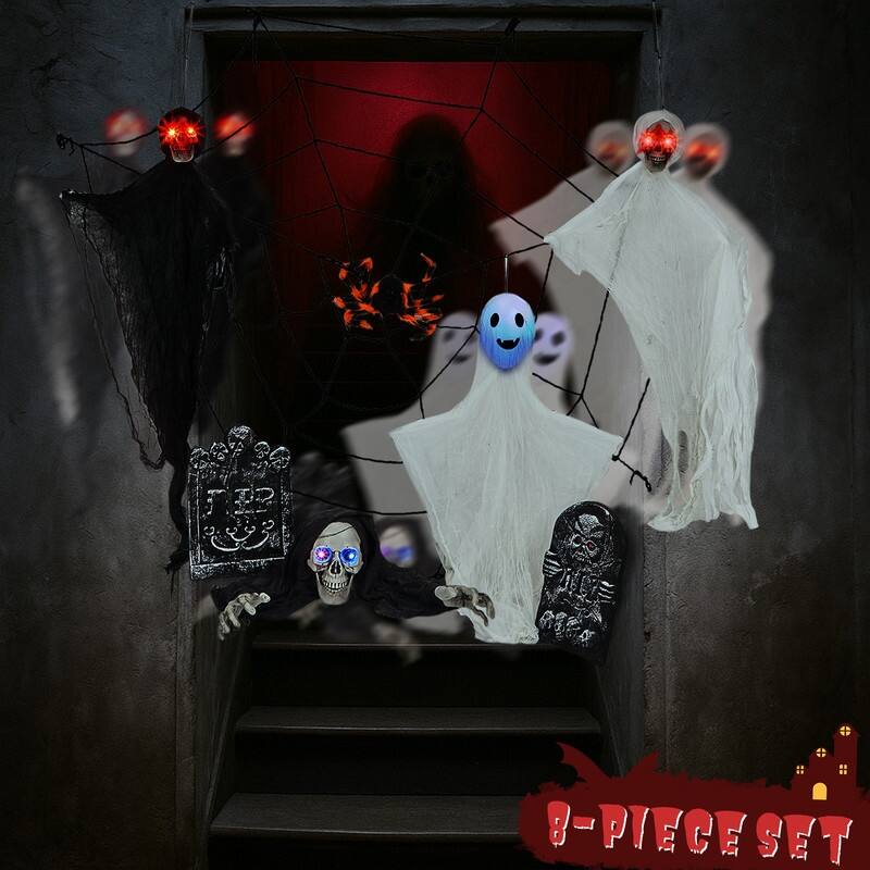Outdoor Halloween Decorations 8-Piece Set, Hanging Ghosts Decor and Cobweb and Gravestone with Lighted Up Eyes