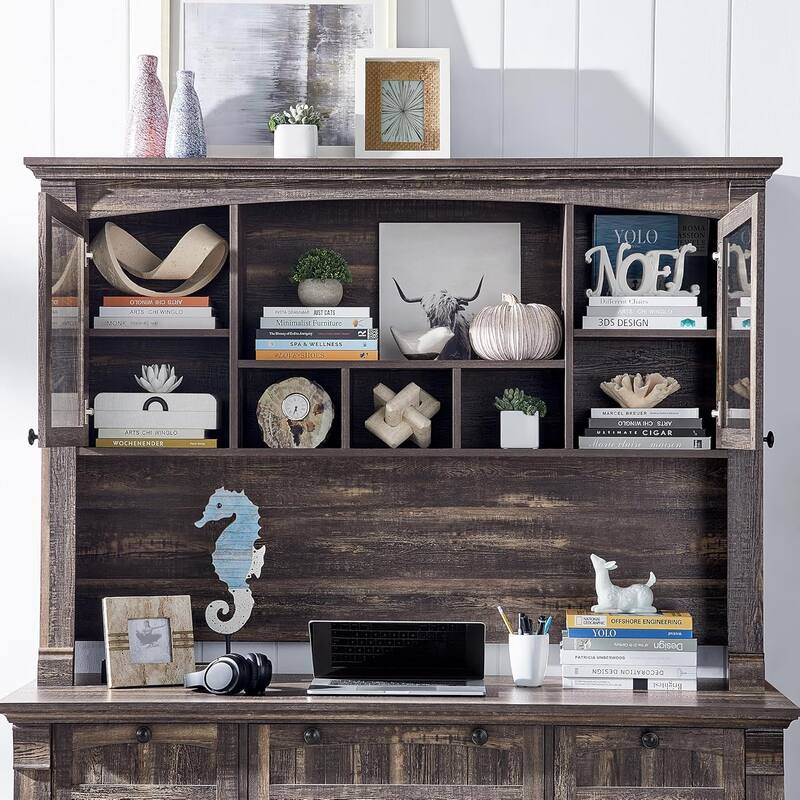 Farmhouse Computer Desk with Hutch, Wood Home Office Desk
