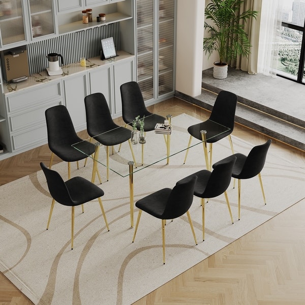 Gold Tempered Glass Dining Table and Fabric Chairs with Metal