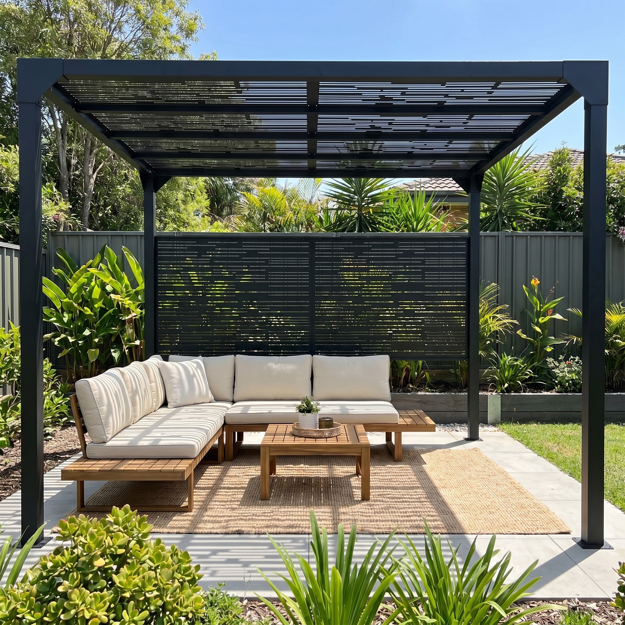 9.8x7.9ft Black Metal Outdoor Pergola with Laser-Cut Canopy and Privacy Side Panel, Patio Gazebo Sun Shade Shelter