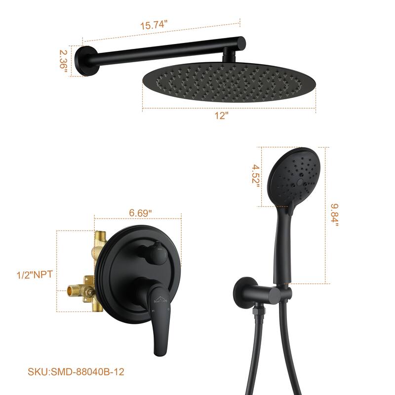 5-Spray Patterns with 9/10/12-in Wall Mount Dual Shower Heads