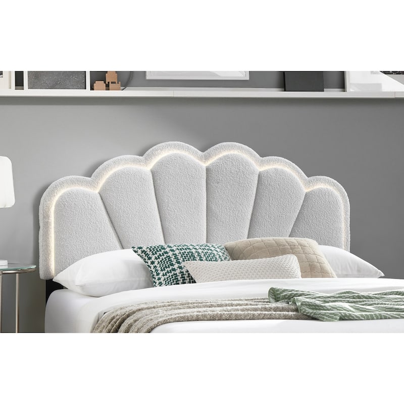 Queen Size Wool Upholstered Platform Bed with Floral Stitch Headboard and LED Lighting