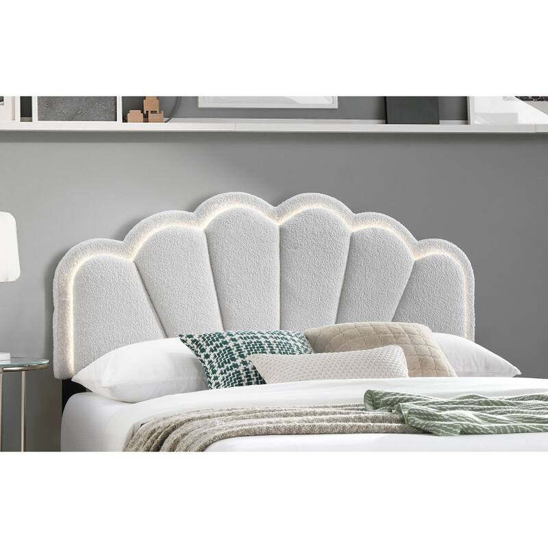 White 1pc Queen Size Bed Wool Fabric Floral Design Headboard w LED Fully Upholstered Platform Bedframe
