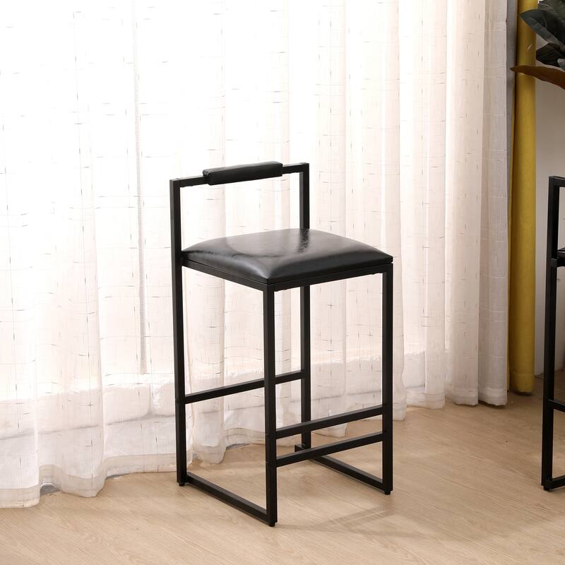 Set of 2 Black PU Leather Bar Stools with Backrest & Footrest, Counter Height Upholstered Bar Chairs