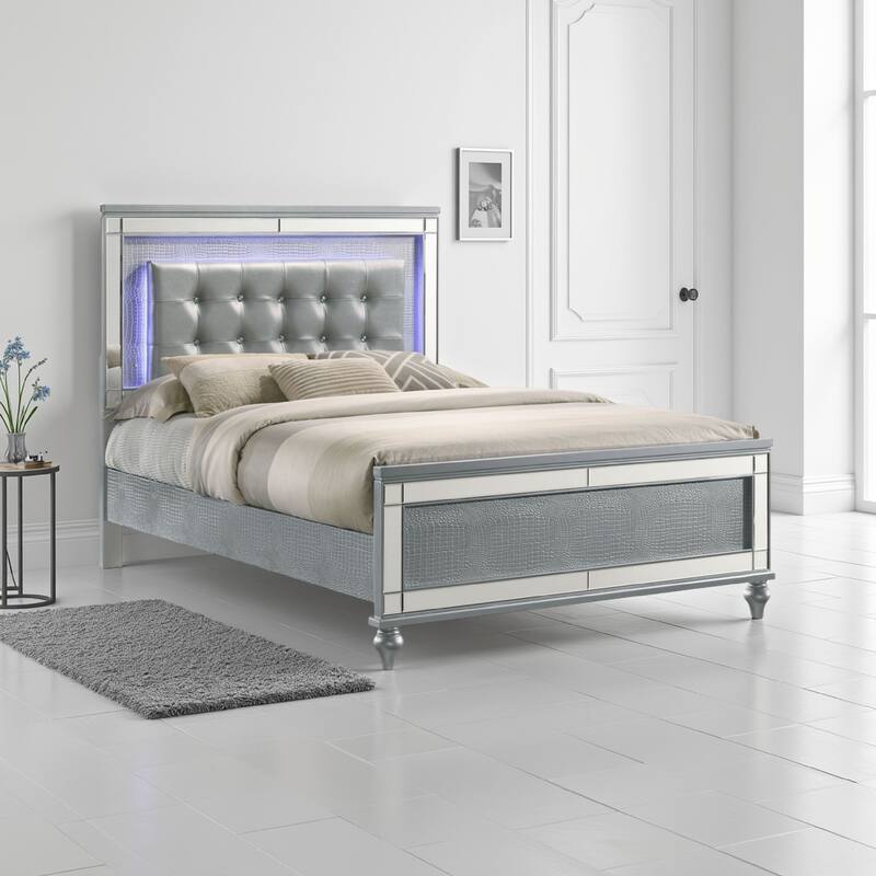 Lee Queen Size Bed, LED, Tufted Faux Leather Upholstery, Textured Silver