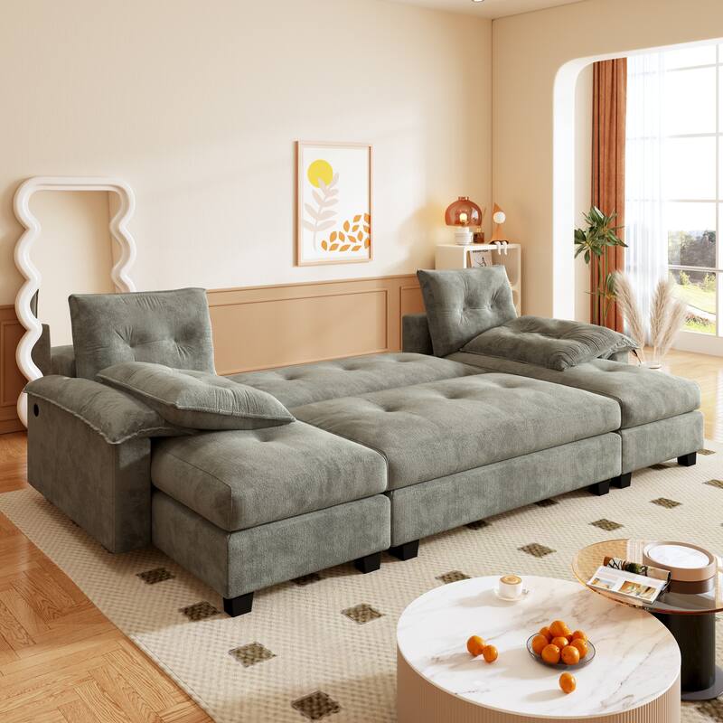 104.7" U-Shaped Sleeper Sofa, Convertible Sectional Couch with Pull-Out Bed, Removable Armrests, USB Ports & Chaise Lounge