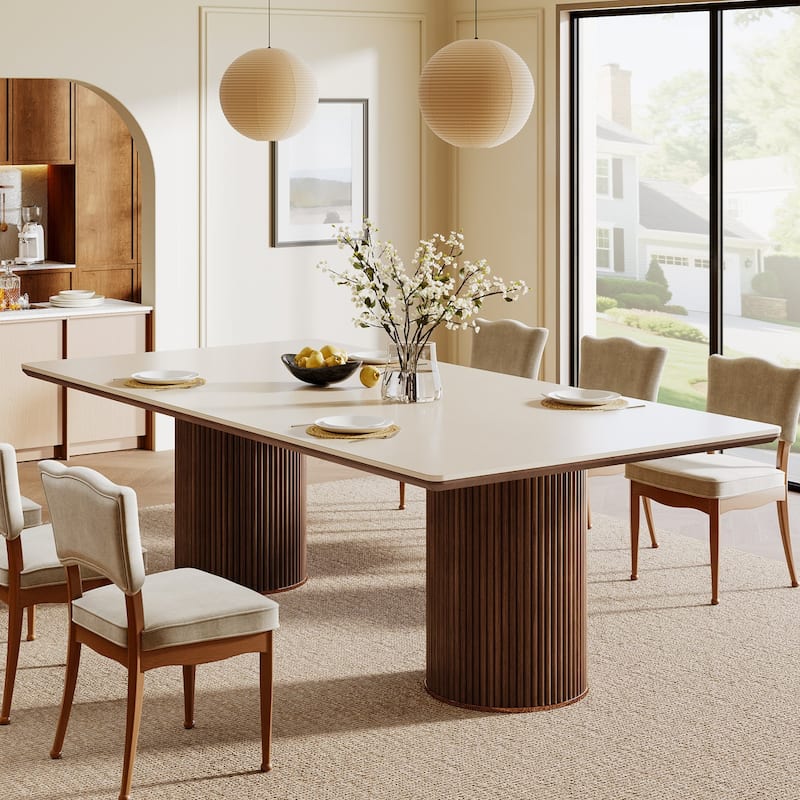 78.7 Inches Brown/ Beige Sandstone Dining Table, Luxury Marble Kitchen Table - Brown & Beige