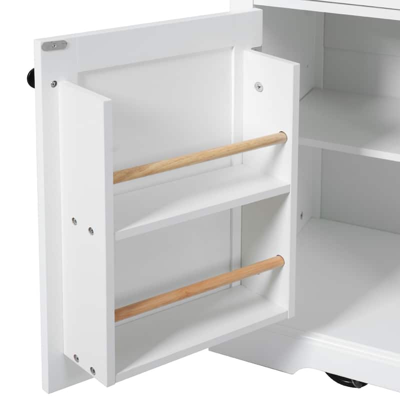 54.9" Kitchen Island with Drop Leaf, Power Outlet, Kitchen Storage Cart with 4 Door Shelves,Cross Barn Doors & Visual Glass Door