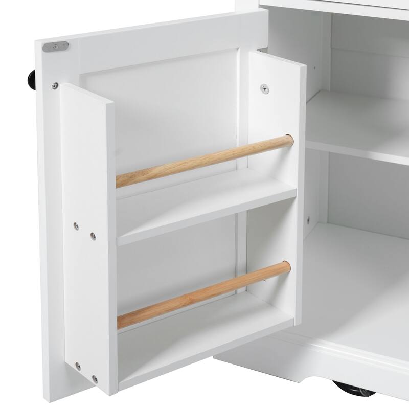 Cross Barn Door Kitchen Island, Rolling Wheels Pantry Storage Cart with Drop Leaf, Power Outlet and Glass Door for Dining Room