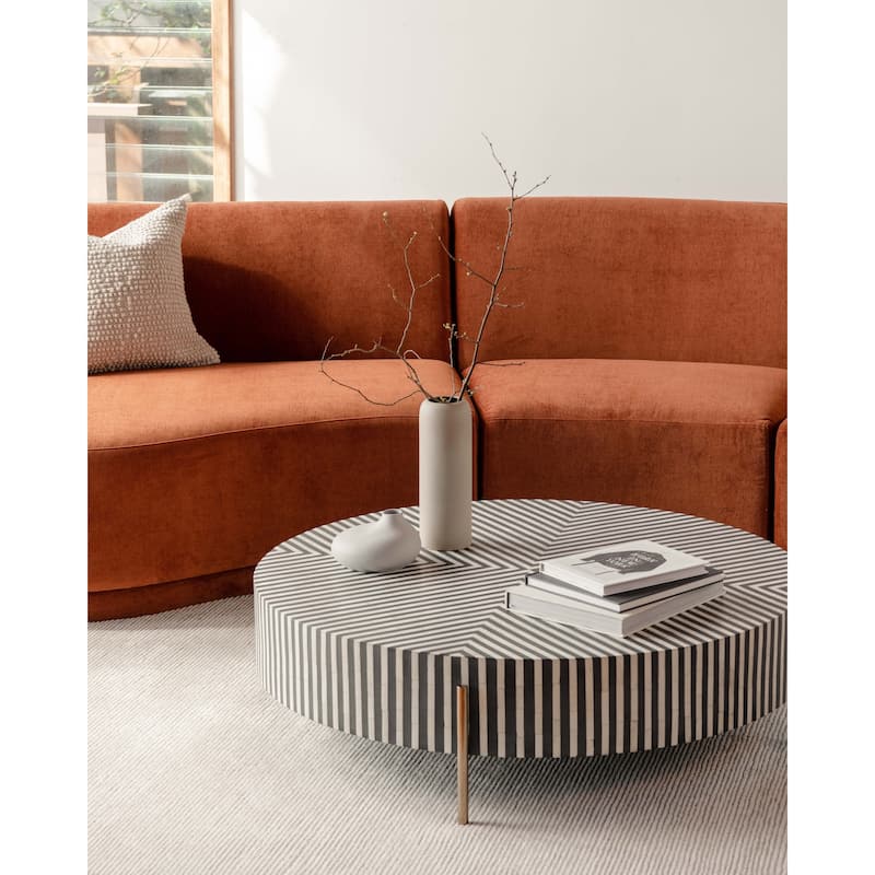 NADAAL STUDIOS Rumi Coffee Table, Round Resin with Camel Bone and Brass-Finished Iron Legs, Small, Multicolor