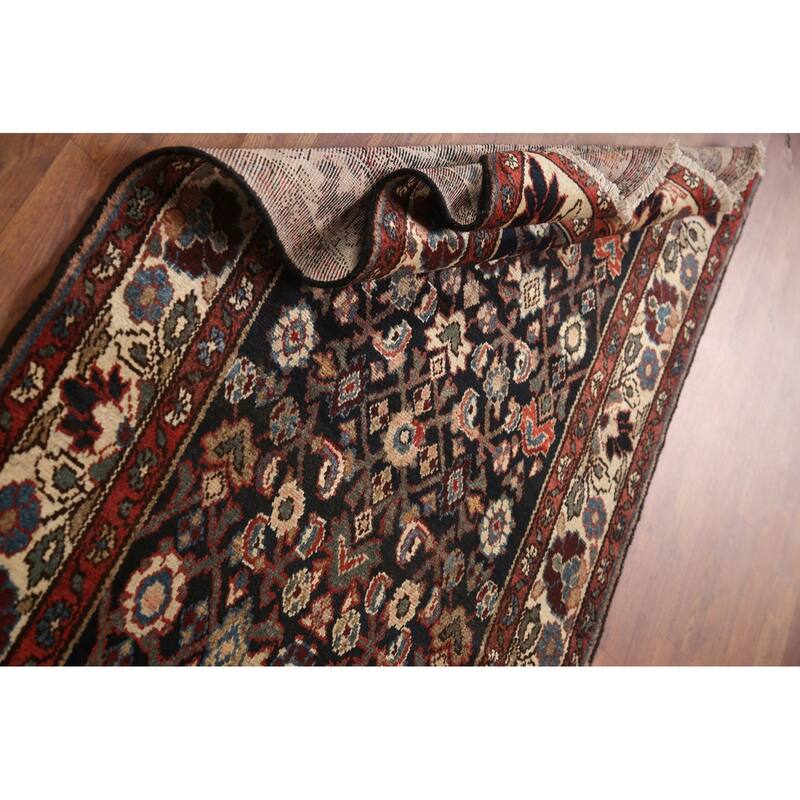 Hand Knotted Oriental 100% Wool Carpet Traditional Geometric Black Malayer Runner Rug - 10' 3'' X 3' 4''